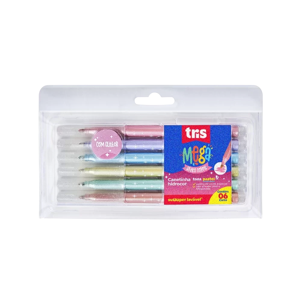 Hidrocor Ponta Fina Mega Hidro Color - Tons Pastel Glitter - 6 Cores - Tris