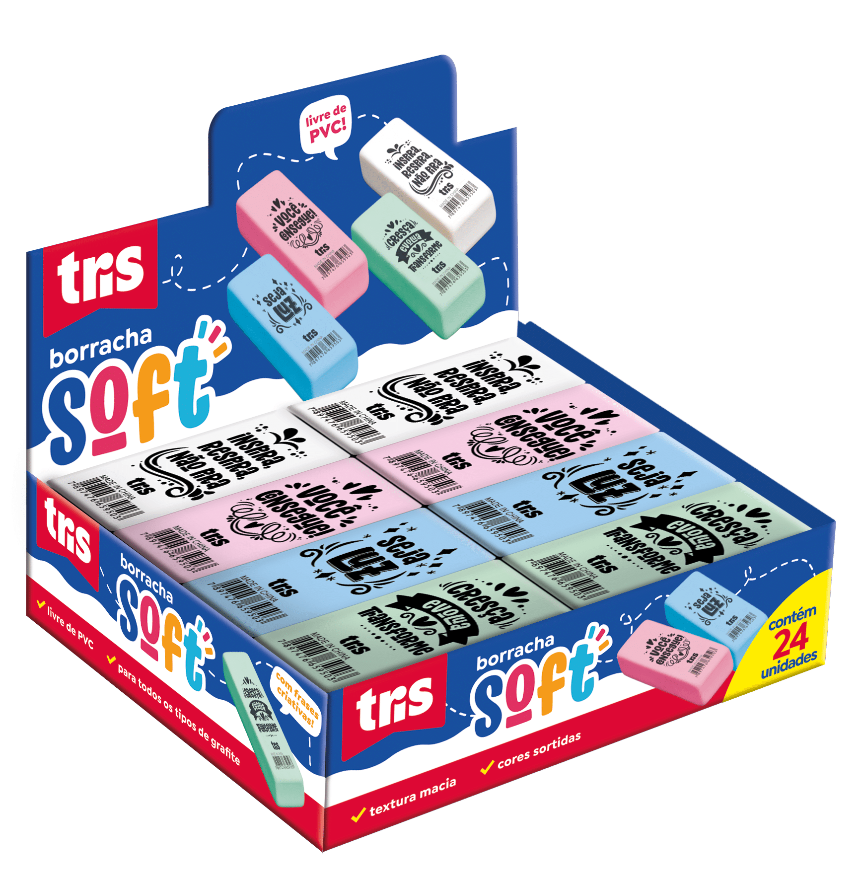 Borracha Soft - Cores Sortidas - Display C/24 un - Tris