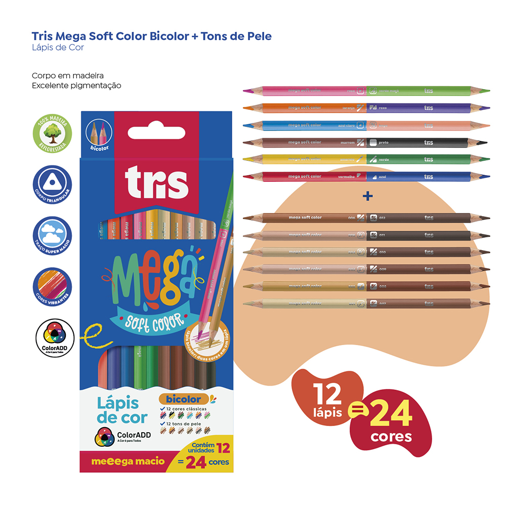 Lápis de Cor Ponta Dupla Mega Soft Color – Bicolor – 12 Cores