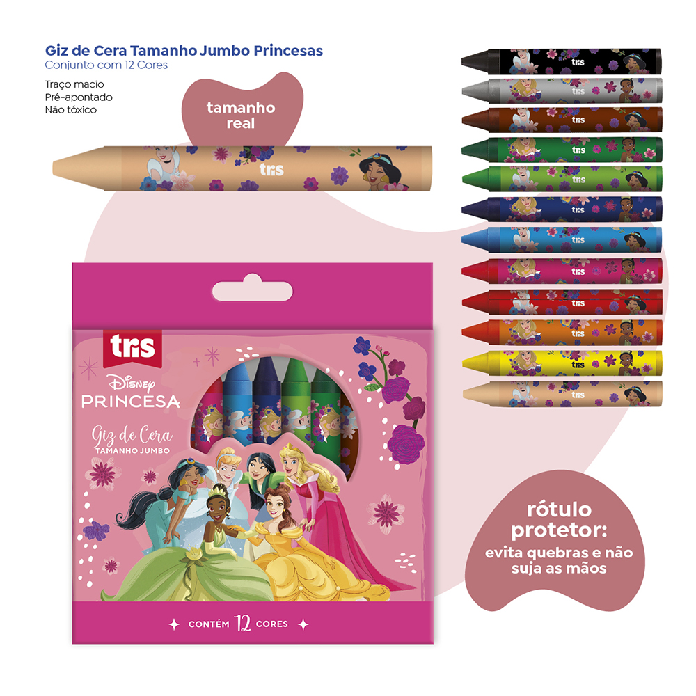 Giz de Cera Tamanho Jumbo – 12 Cores – Princesas – Tris
